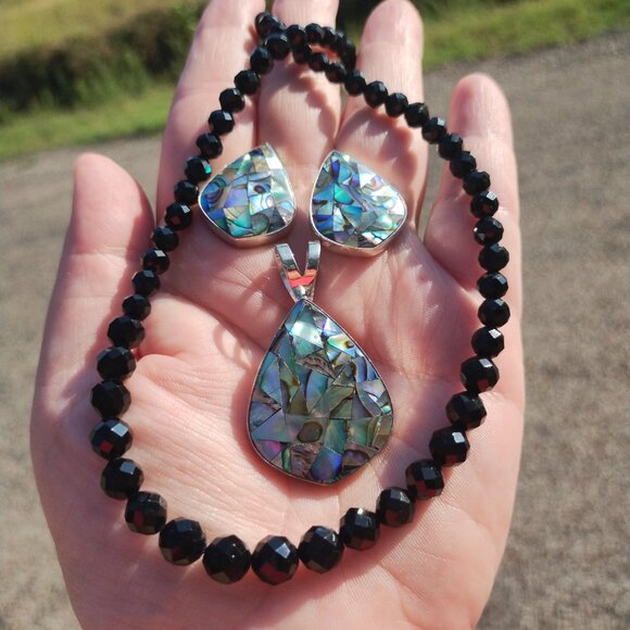 Jay King Midnight Chalcedony necklace Abalone pendant and earrings set 925 Sterl - Picture 7 of 8